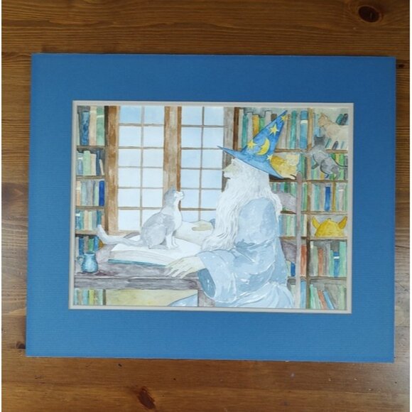 Wizard & Cats Original Watercolor Painting HAT - Picture 2 of 8
